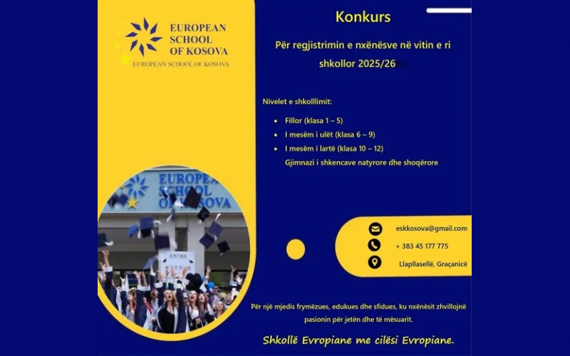 European School of Kosova shpall konkurs për pranimin e nxënësve për vitin 2025/2026