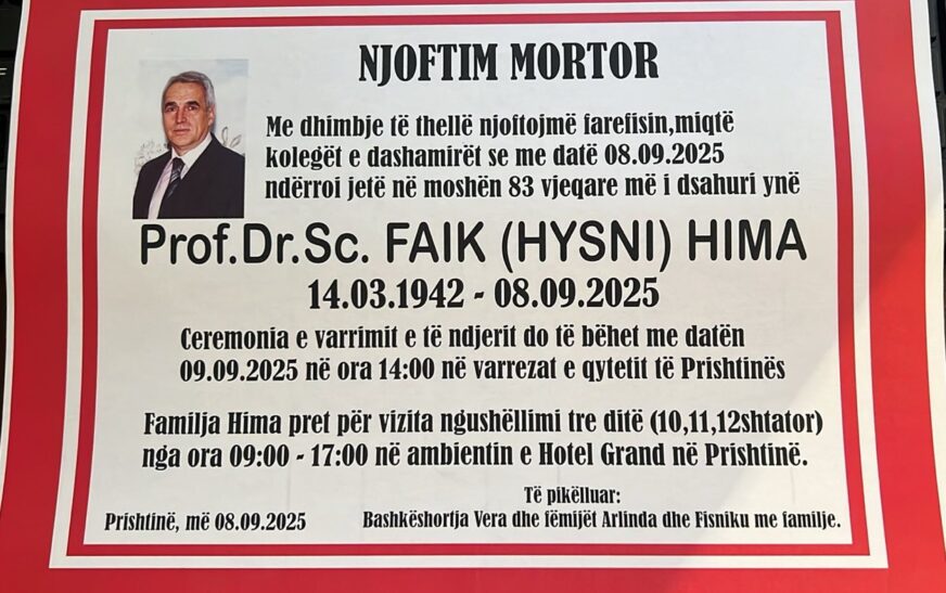 Ndahet nga jeta në moshën 83-vjeçare Prof. Dr. Sc. Faik Hima