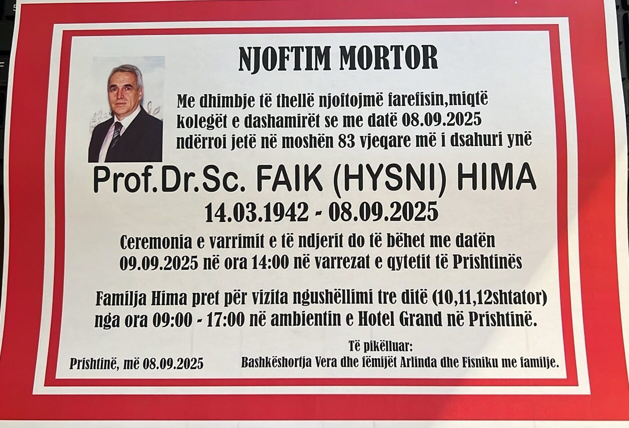 Ndahet nga jeta në moshën 83-vjeçare Prof. Dr. Sc. Faik Hima