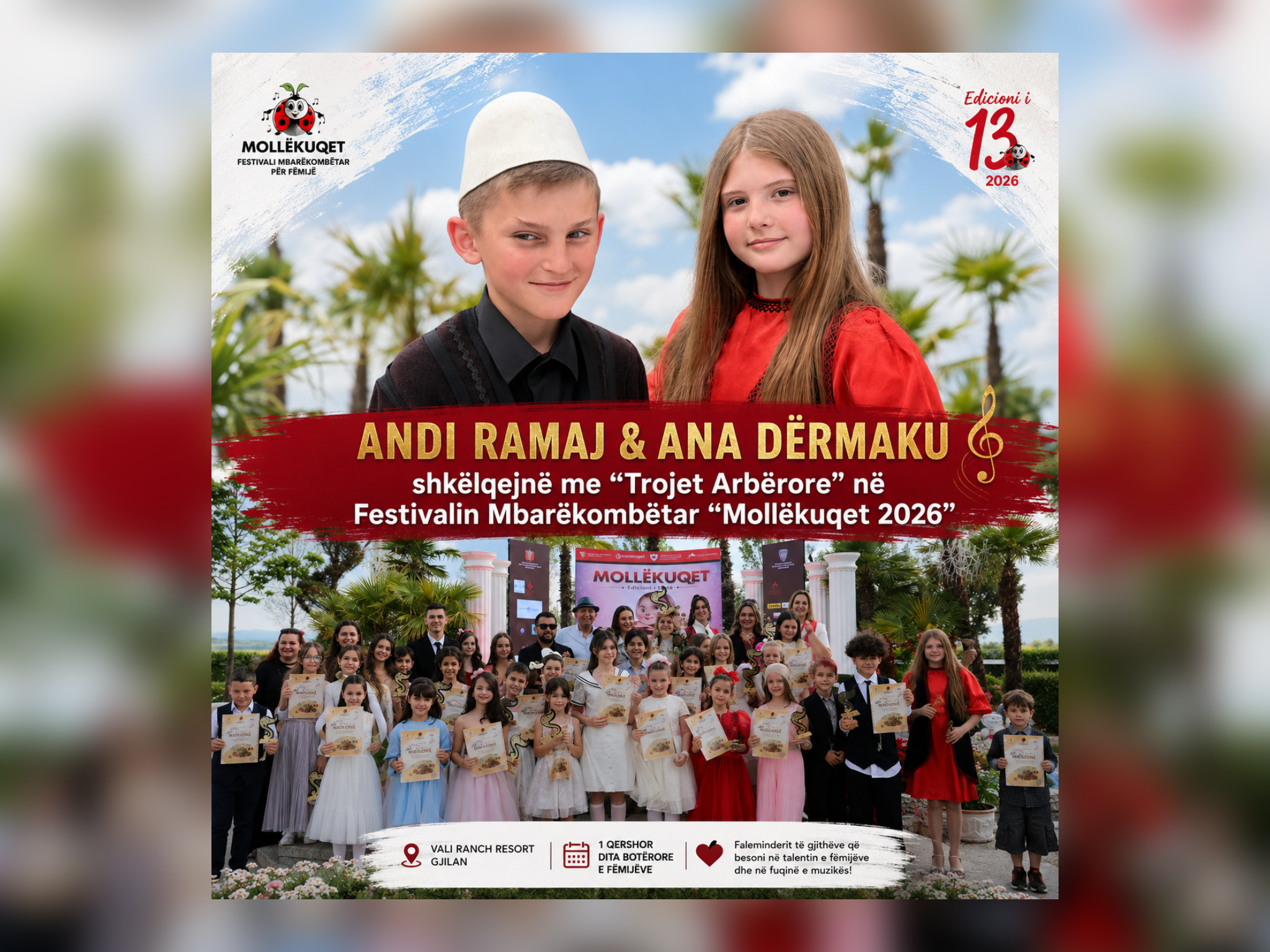 Andi Ramaj dhe Ana Dërmaku emocionojnë me “Trojet Arbërore” në Festivalin Mbarëkombëtar “Mollëkuqet 2026”